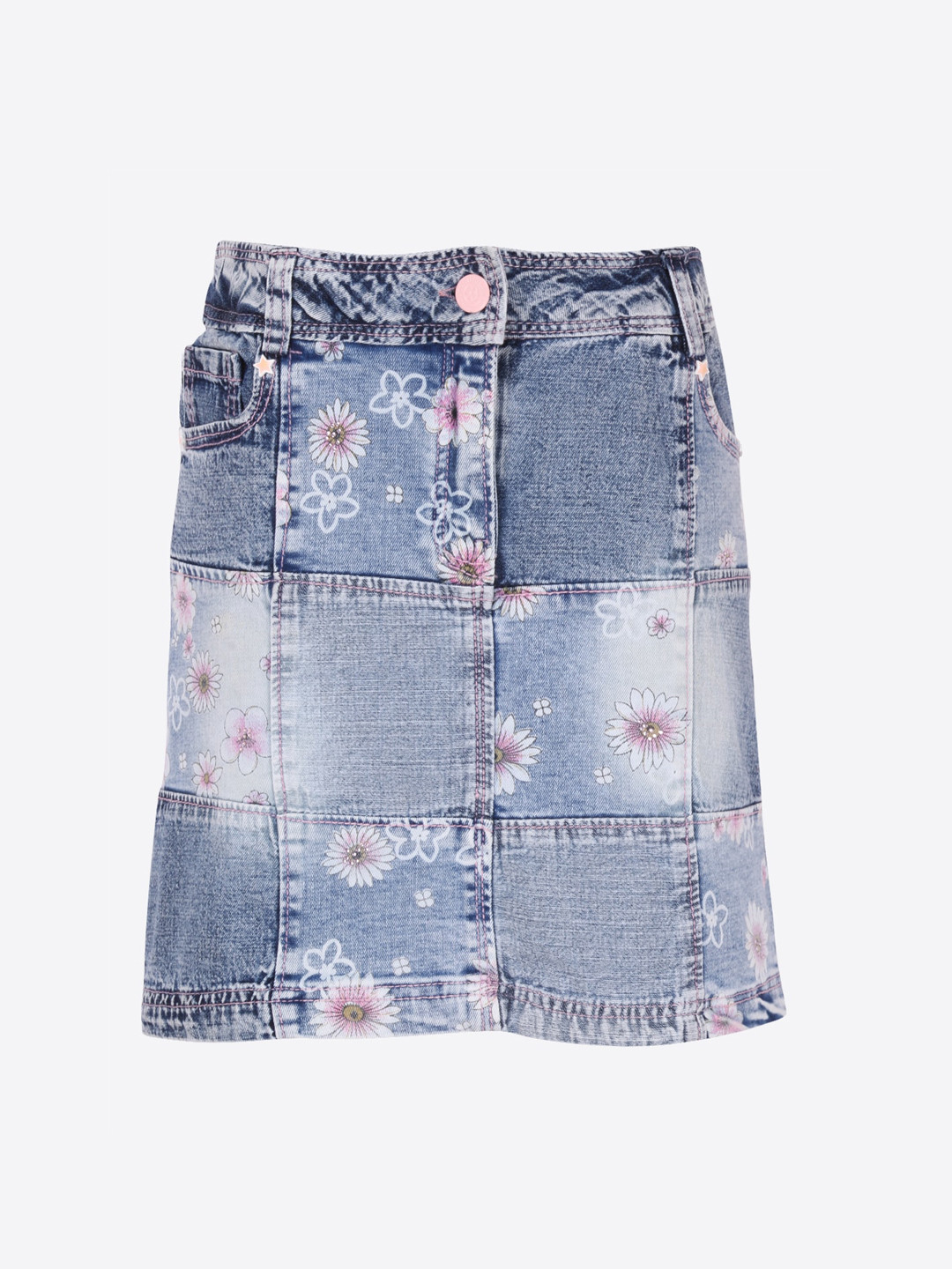 

CUTECUMBER Girls Blue & Pink Printed Straight Knee-Length Denim Skirt