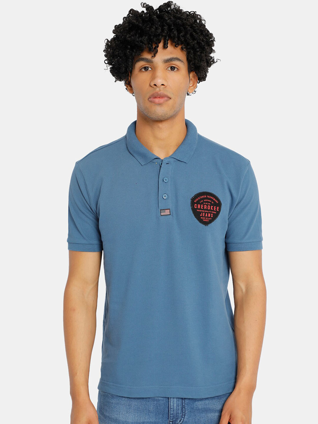 

Cherokee Men Blue Solid Polo Collar Cotton T-shirt