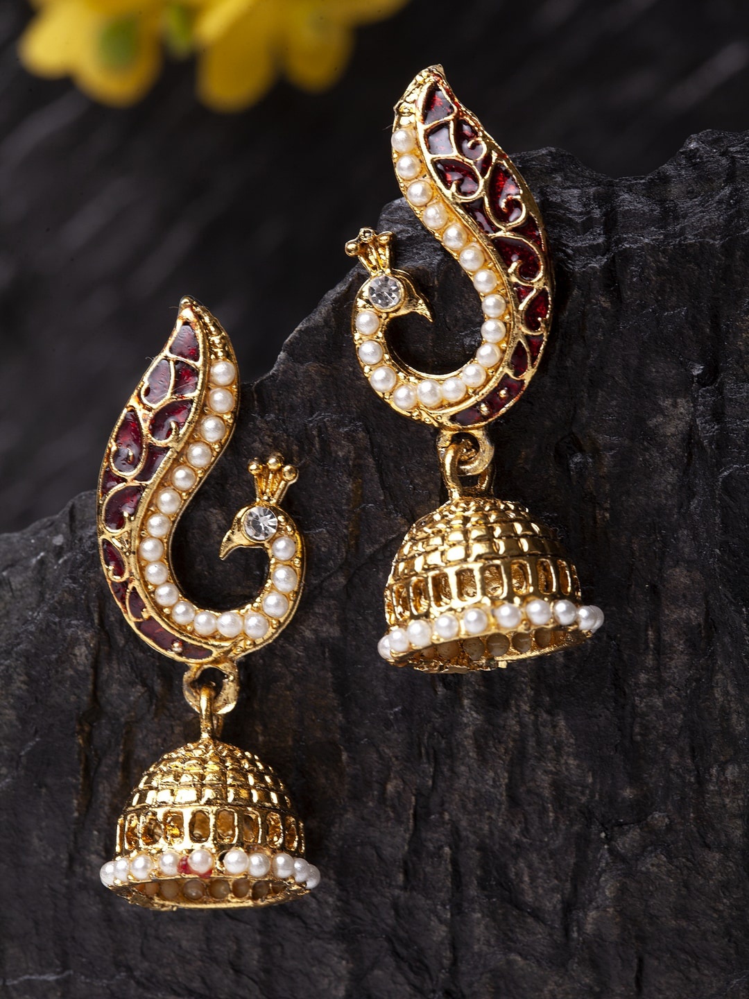 

ANIKAS CREATION Gold-Plated & Maroon Peacock Shaped Jhumkas