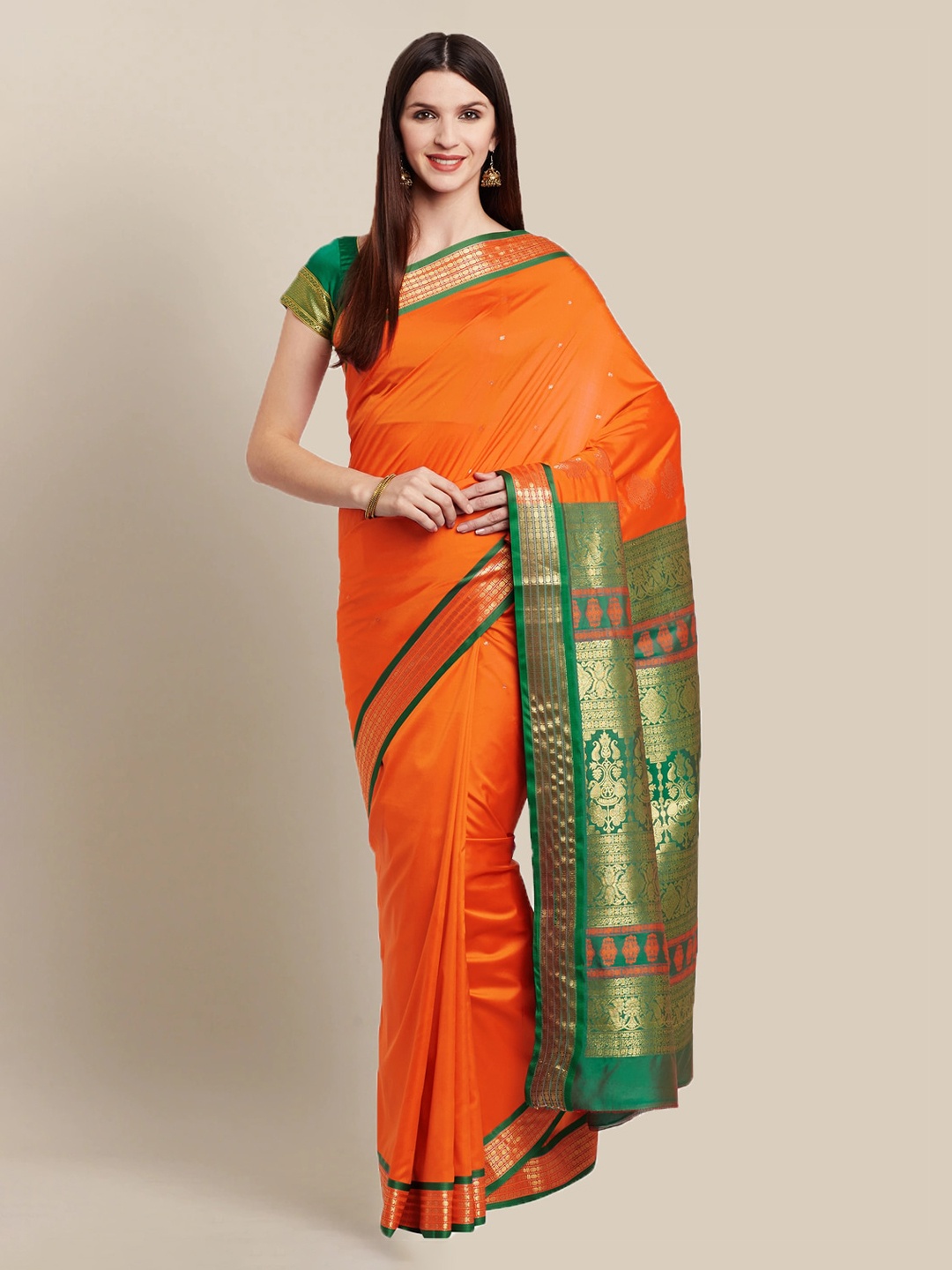 

Chhabra 555 Orange & Green Art Silk Solid Kanjeevaram Saree