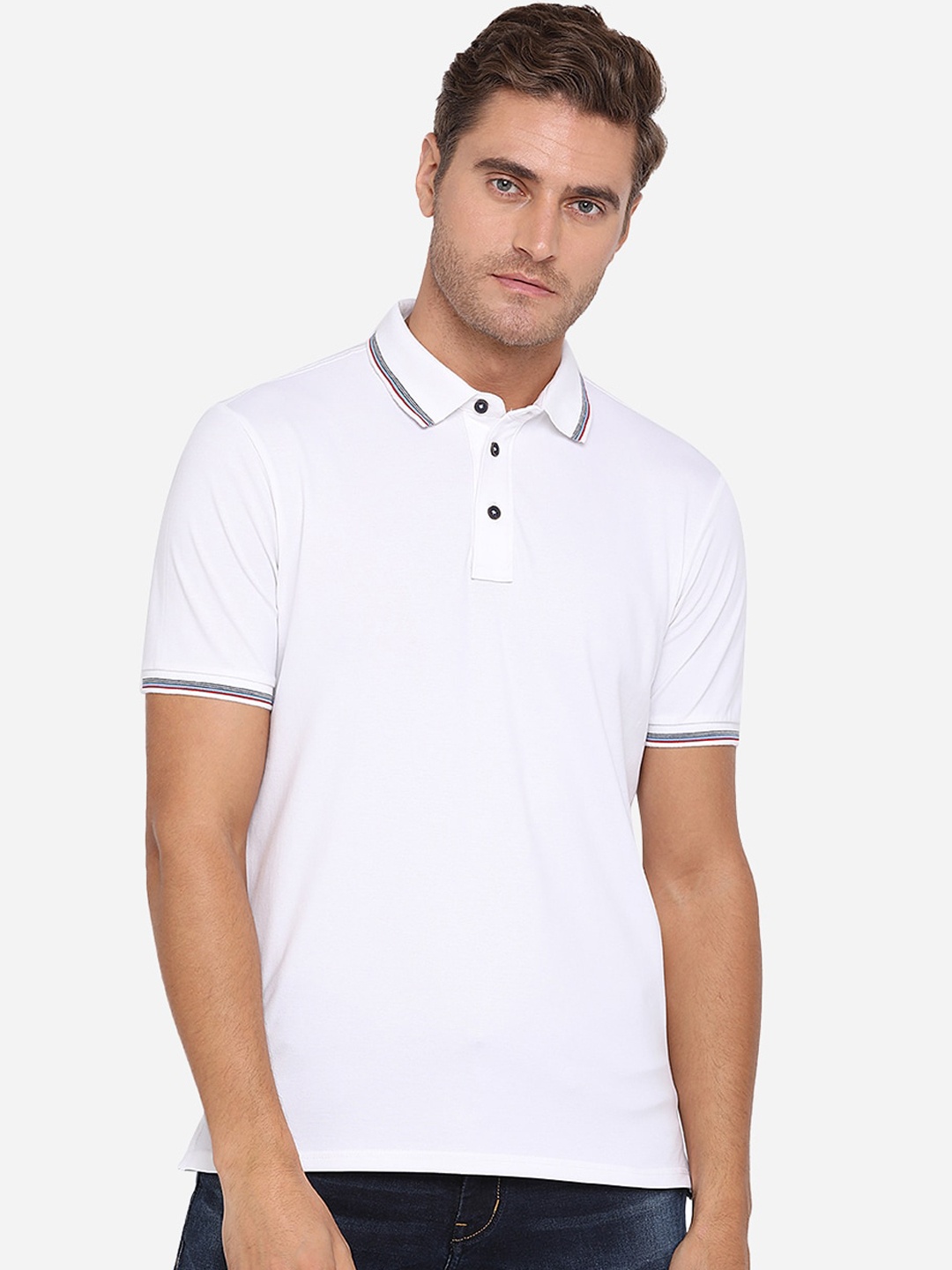 

JADE BLUE Men White Solid Polo Collar T-shirt
