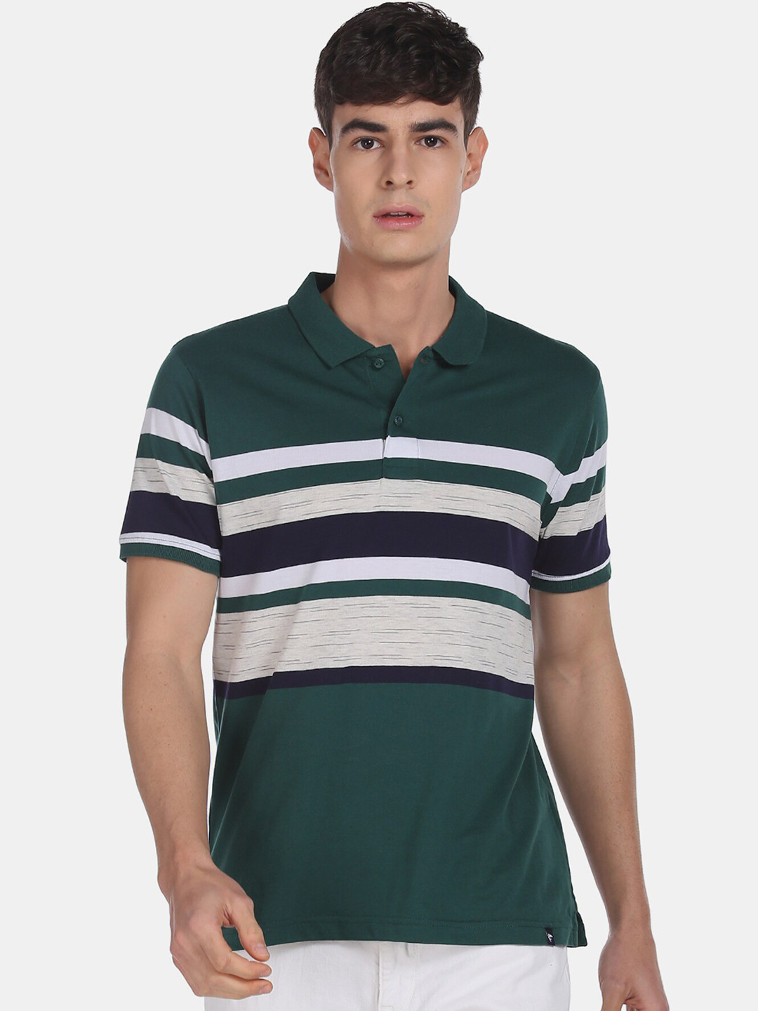 

Ruggers Men Green & White Striped Polo Collar T-shirt