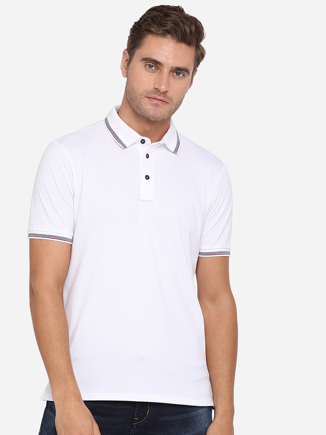

JADE BLUE Men White Solid Slim Fit Polo Collar Cotton Pure Cotton T-shirt