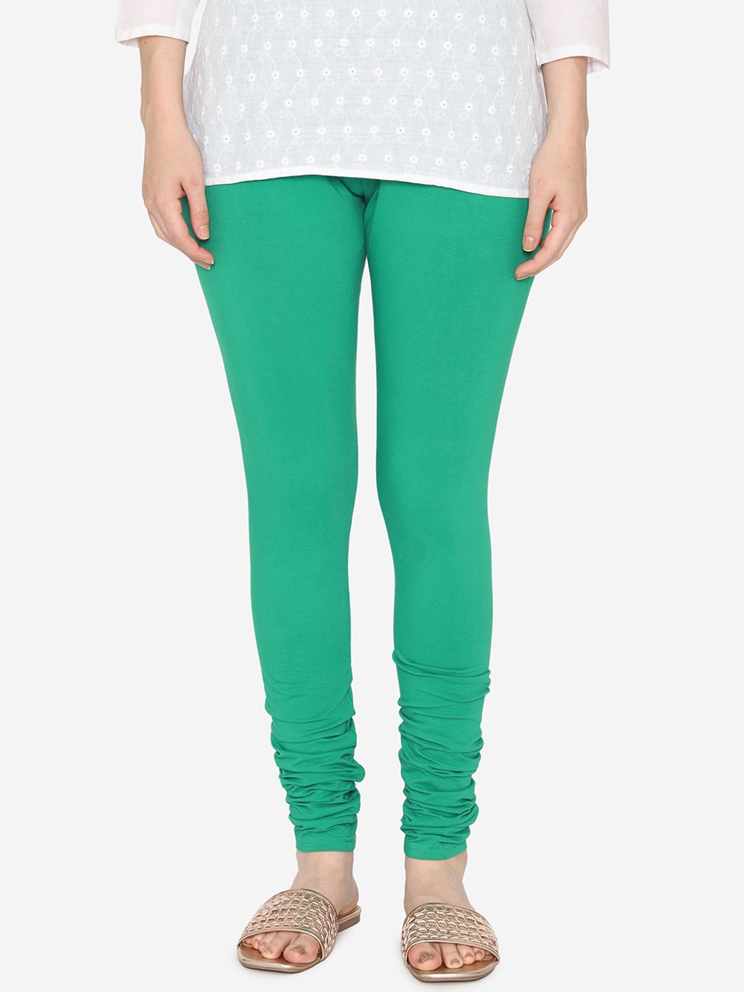 

Vami Women Green Cotton Solid Churidar-Length Leggings