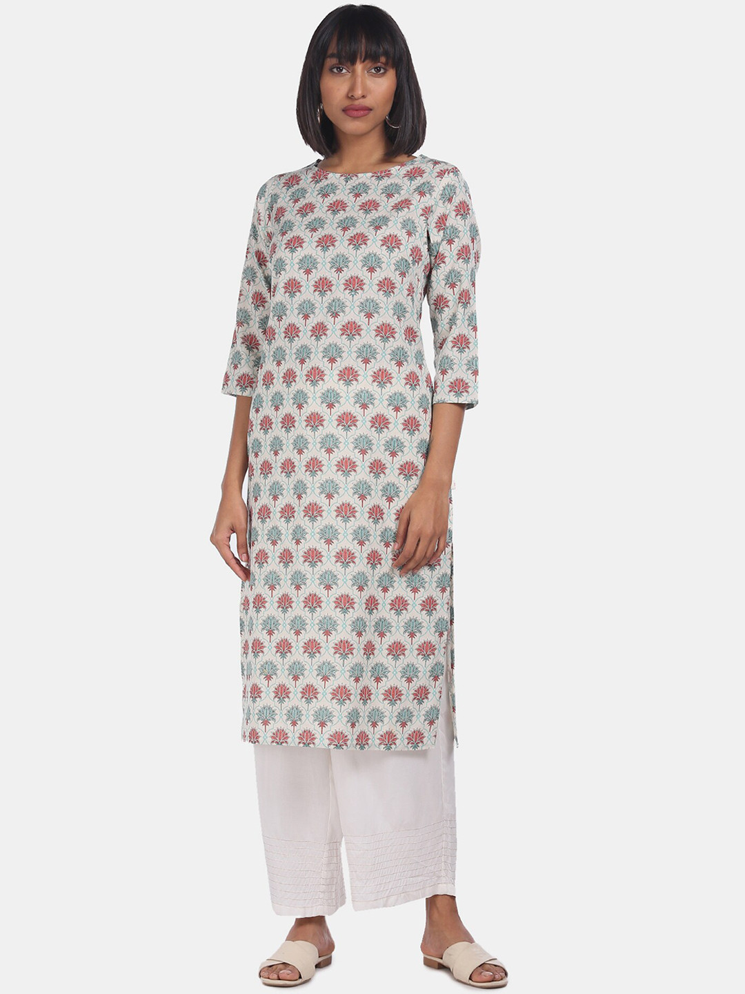

Karigari Women Off White & Pink Ethnic Motifs Printed Kurta