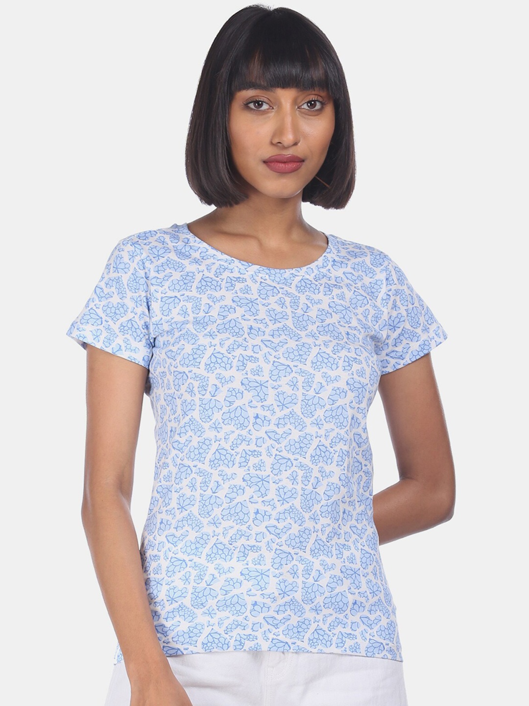 

Sugr Women White Printed Round Neck Cotton Pure Cotton T-shirt