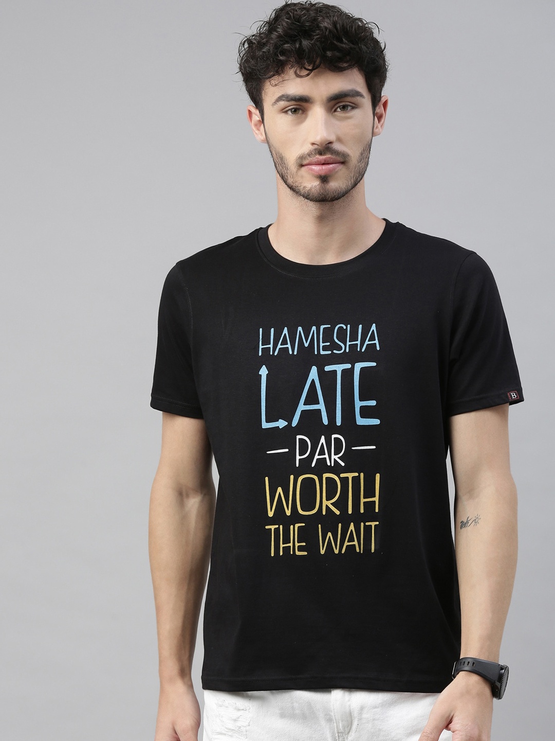 

Bushirt Men Black Printed Round Neck Cotton Pure Cotton T-shirt