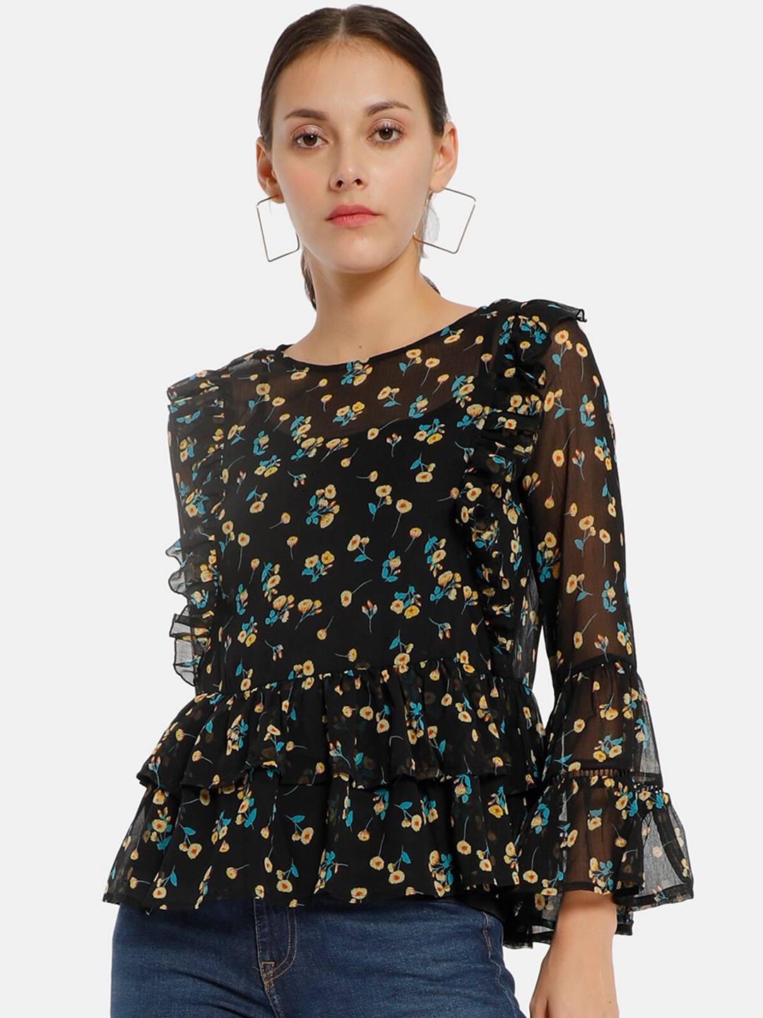 

Cherokee Black & Yellow Floral Printed Bell Sleeves Peplum Top