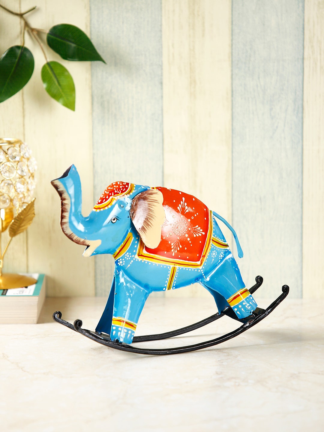 

CraftVatika Blue & Red Swing Elephant Trunk Up Showpiece Statue