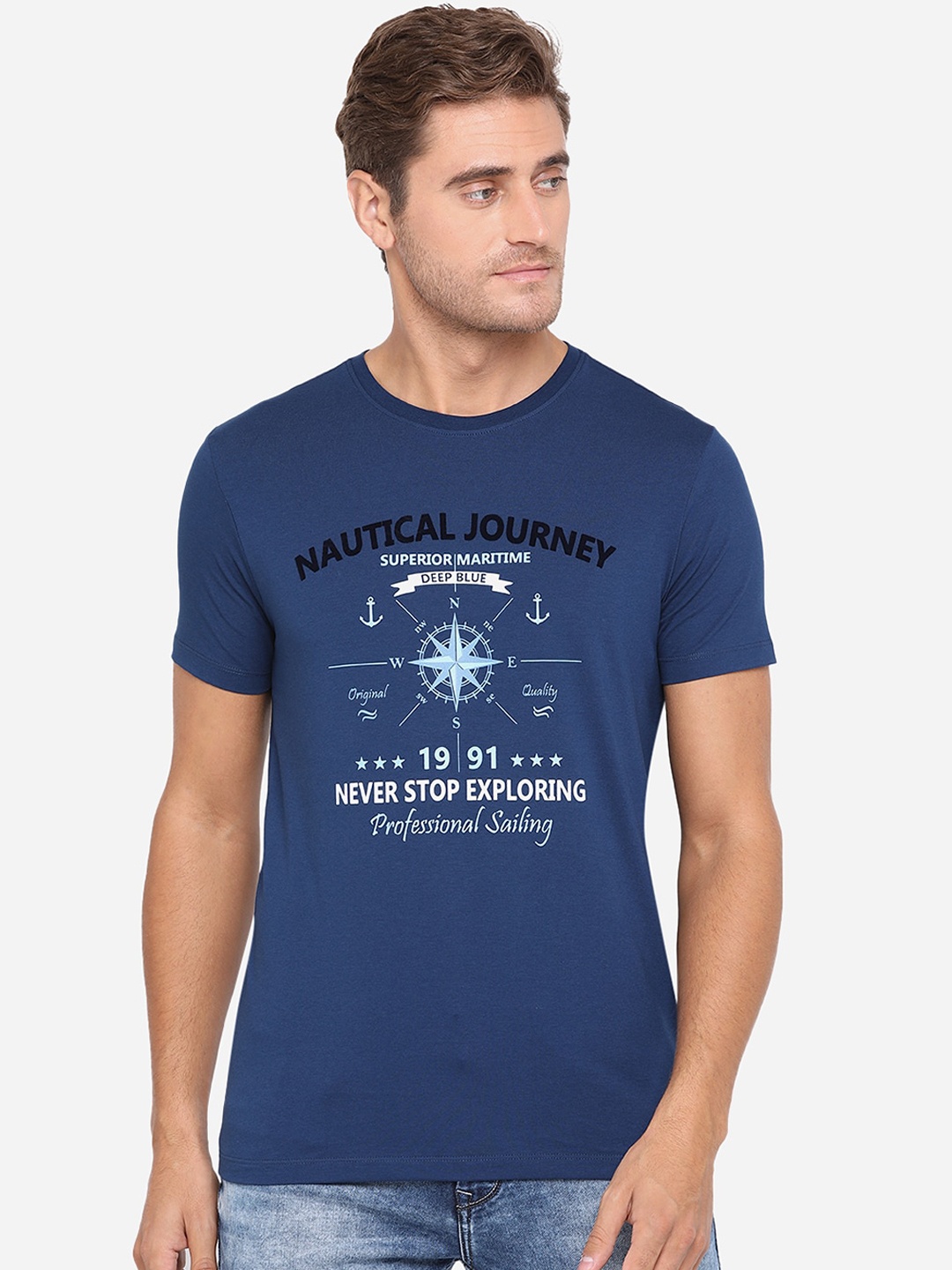 

JADE BLUE Men Blue Printed Cotton Round Neck Pure Cotton T-shirt