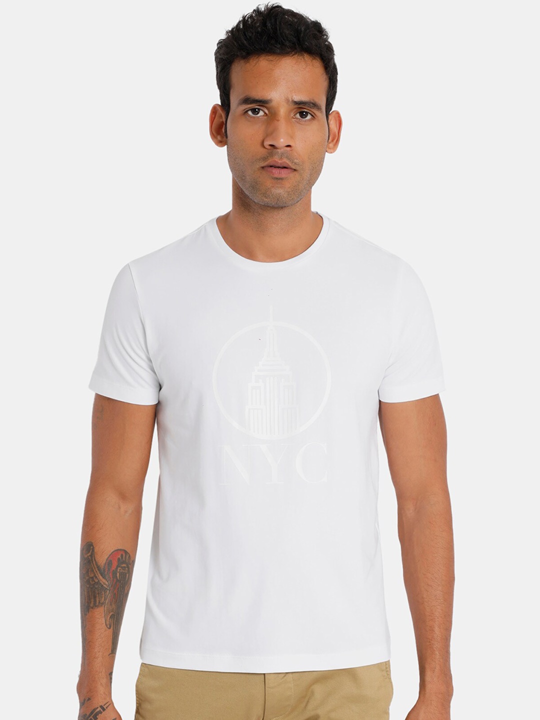 

Arrow New York Men White Printed Round Neck Pure Cotton T-shirt