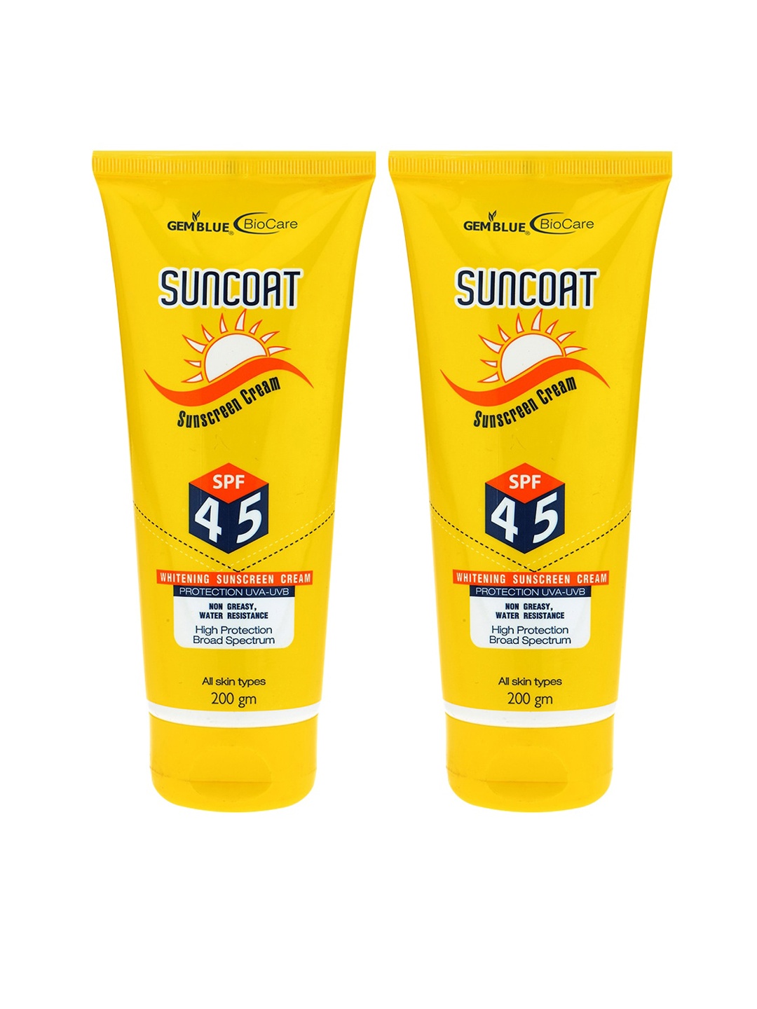 

GEMBLUE BioCare Unisex Pack of 2 Suncoat Sunscreen Cream SPF 45 400 gm, Yellow