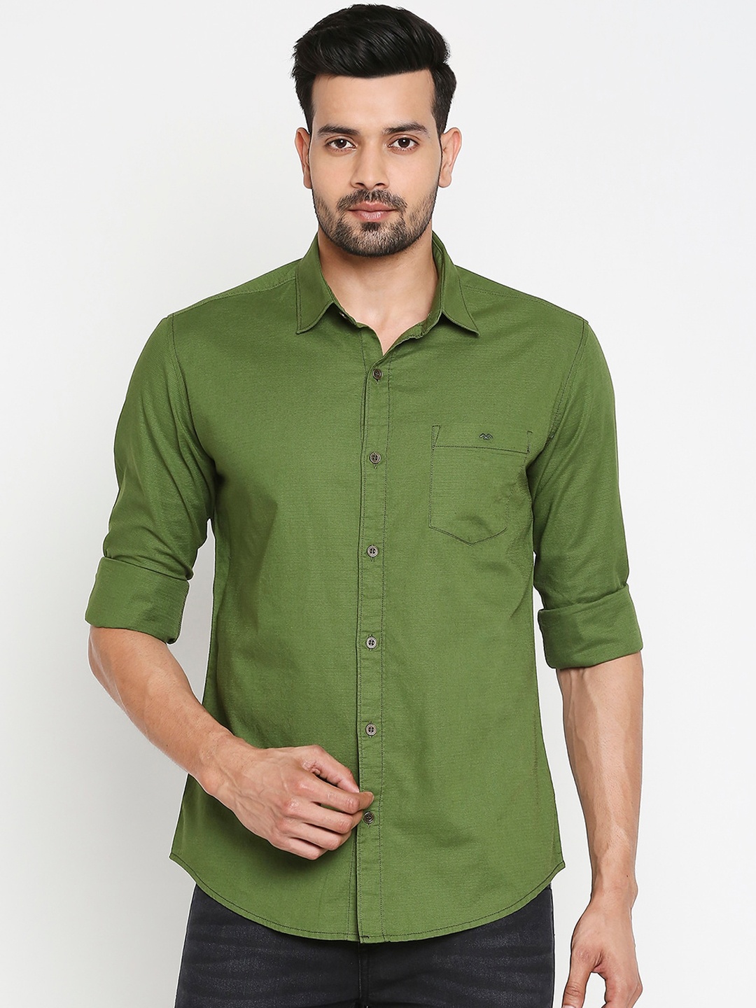 

Mufti Men Olive Green Slim Fit Solid Casual Shirt