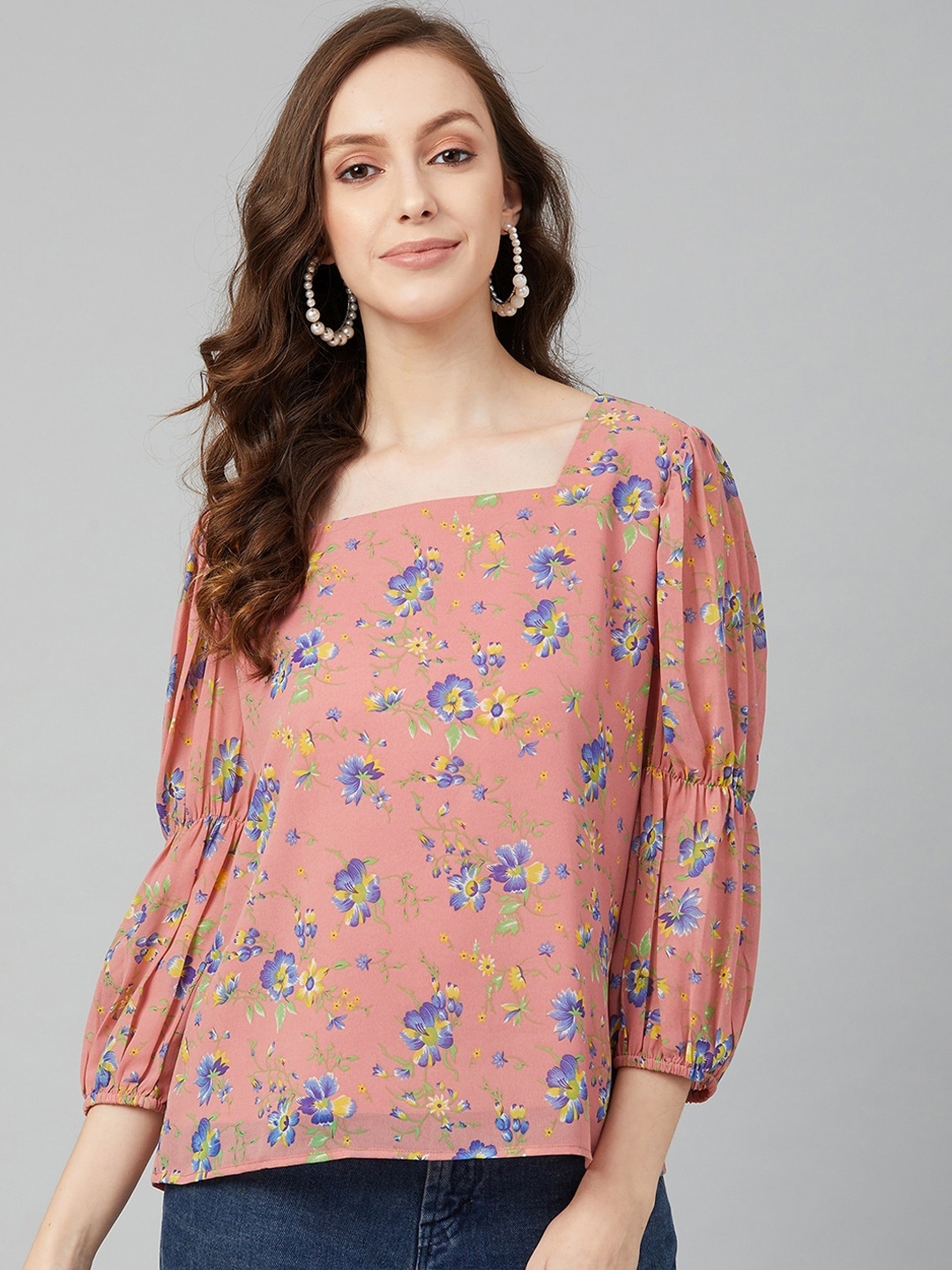 

Marie Claire Peach-Coloured & Blue Floral Printed Puff Sleeves Regular Top