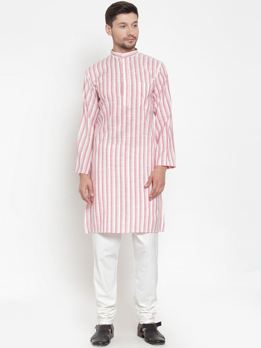 

KLOTTHE Men Pink & Off White Striped Thread Work Kurta