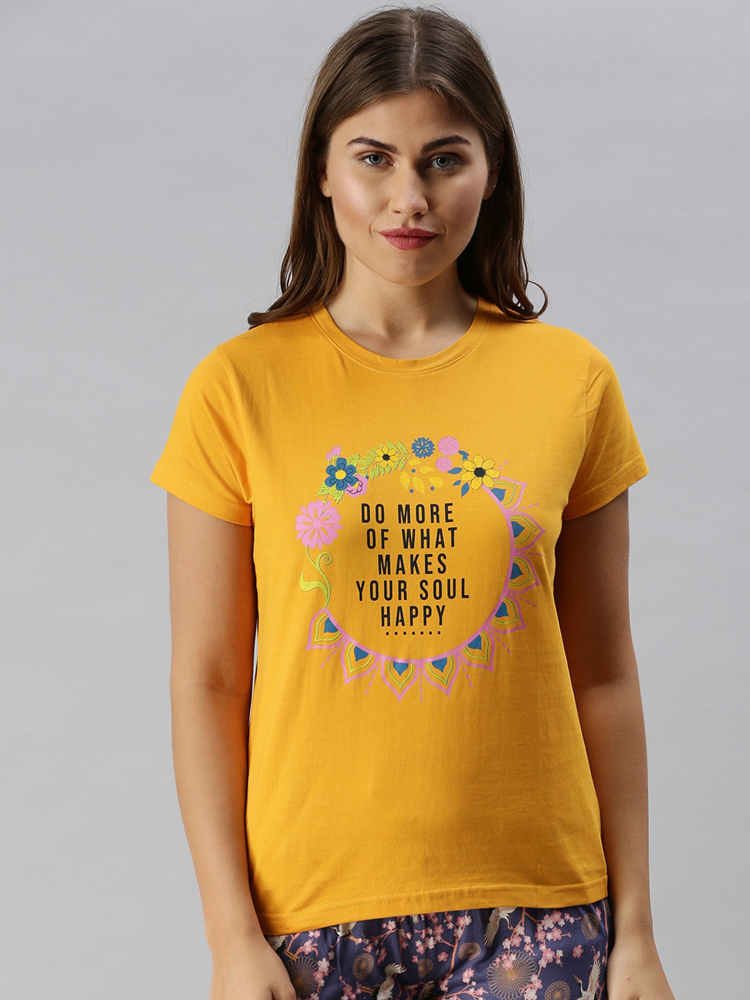 

Kryptic Women Mustard Yellow & Black Typography Printed Pure Cotton Lounge T-Shirt