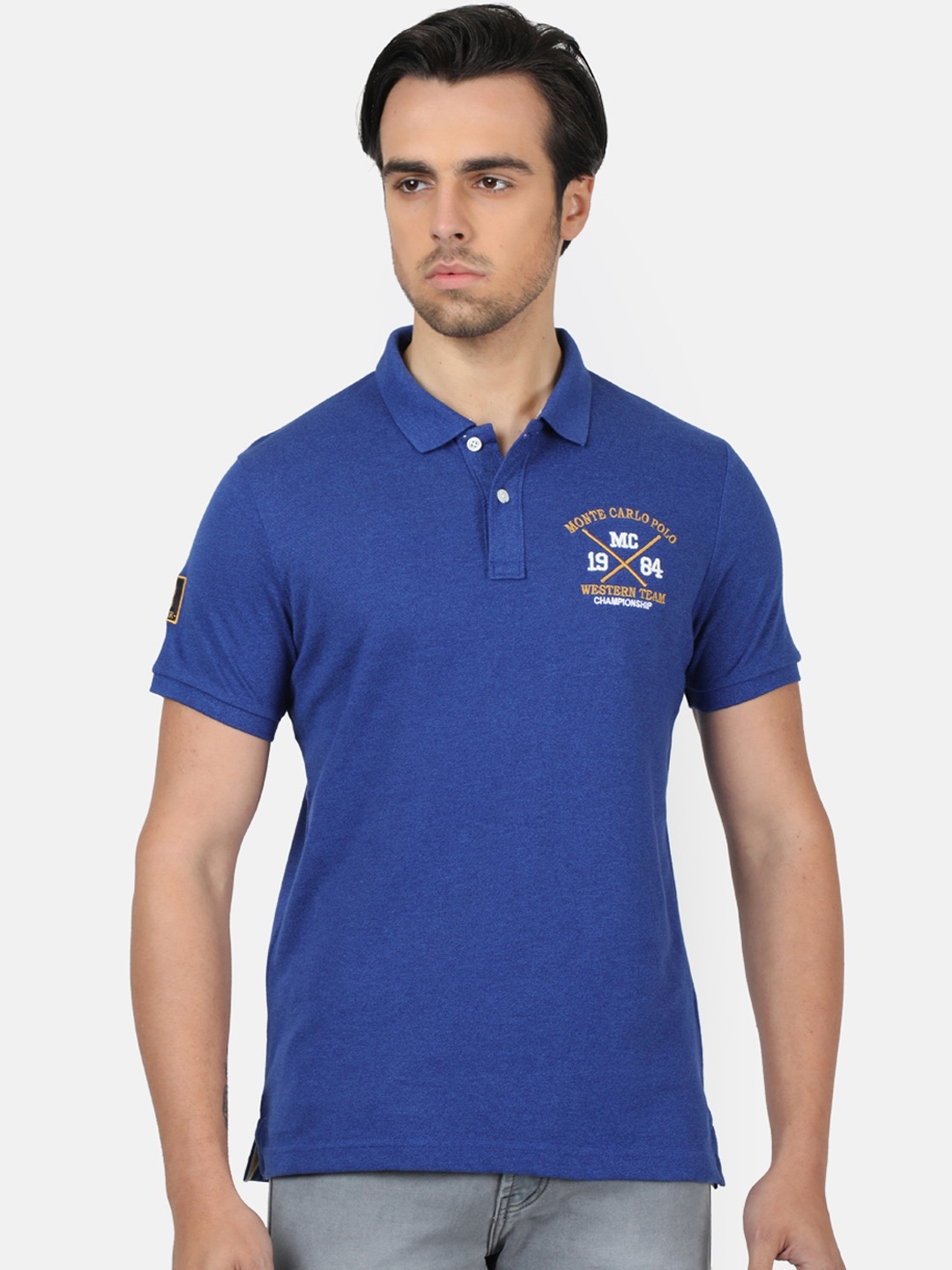 

Monte Carlo Men Blue Solid Polo Collar T-shirt
