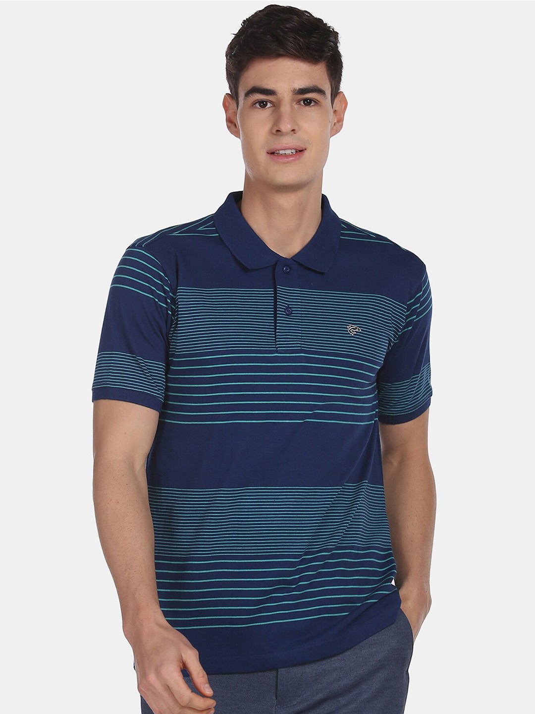 

Ruggers Men Teal Blue Striped Polo Collar T-shirt