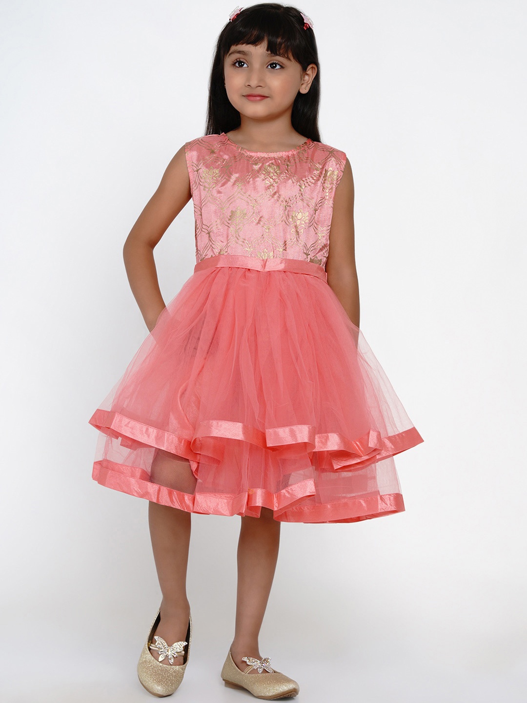 

Bitiya by Bhama Girls Peach-Coloured Self Design Fit and Flare Dress