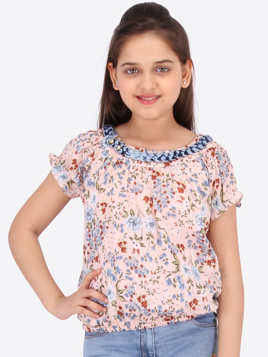 

CUTECUMBER Girls Peach-Coloured Floral Printed Chiffon Blouson Top