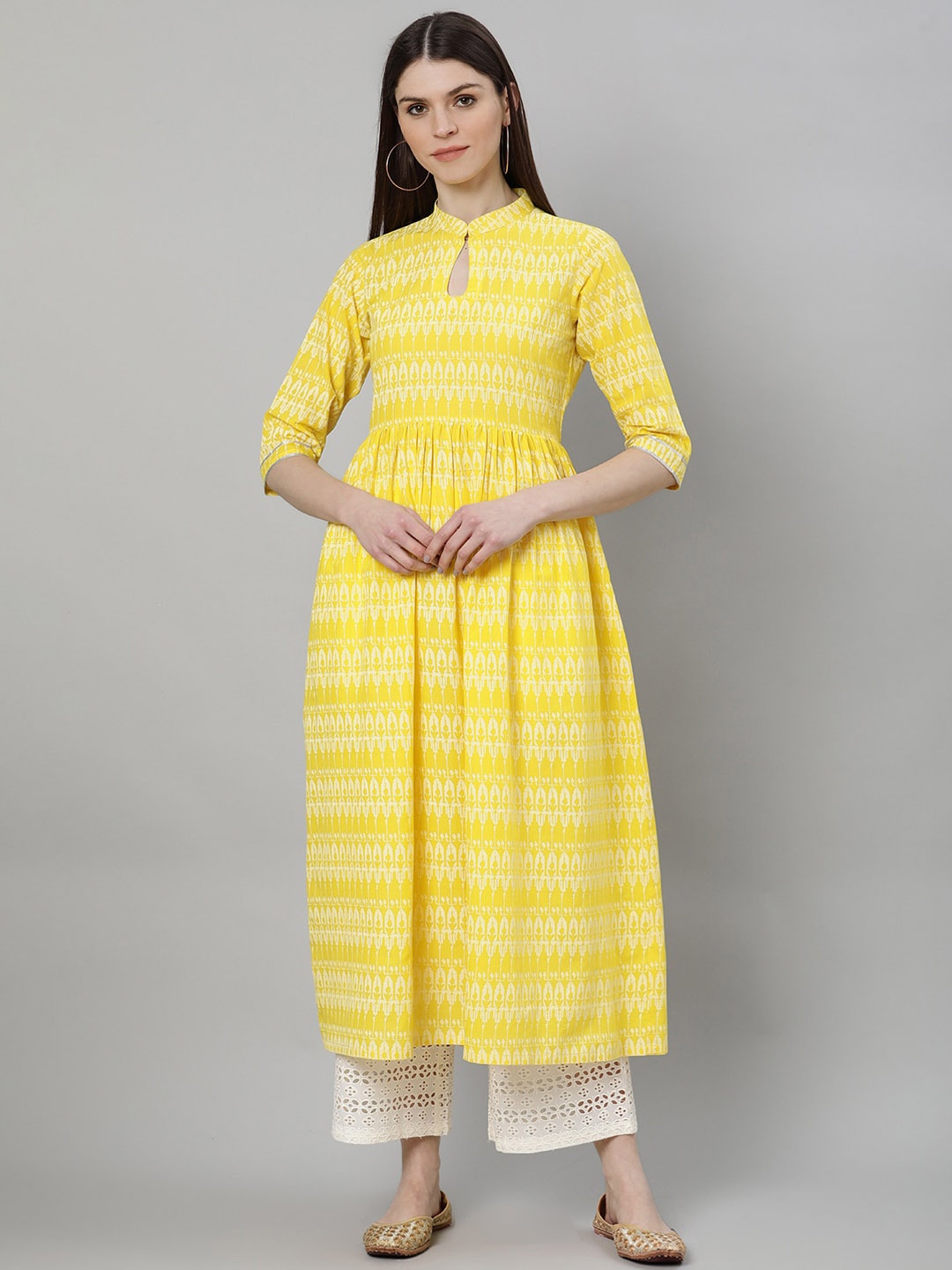 

Libas Women Yellow Geometric Printed Keyhole Neck Anarkali Kurta