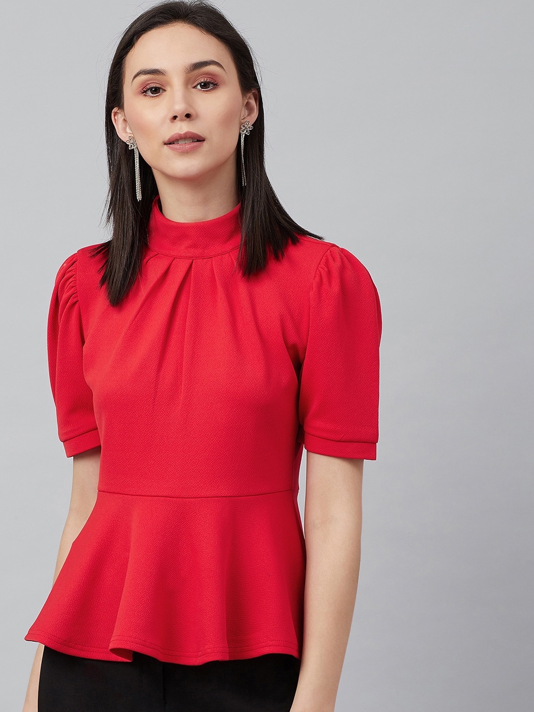 

Carlton London Red Puff Sleeves Crepe Peplum Top