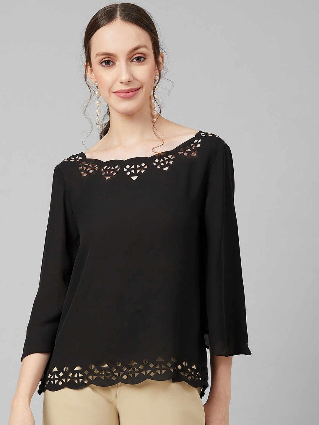 RARE Black Flared Sleeves Georgette Regular Top