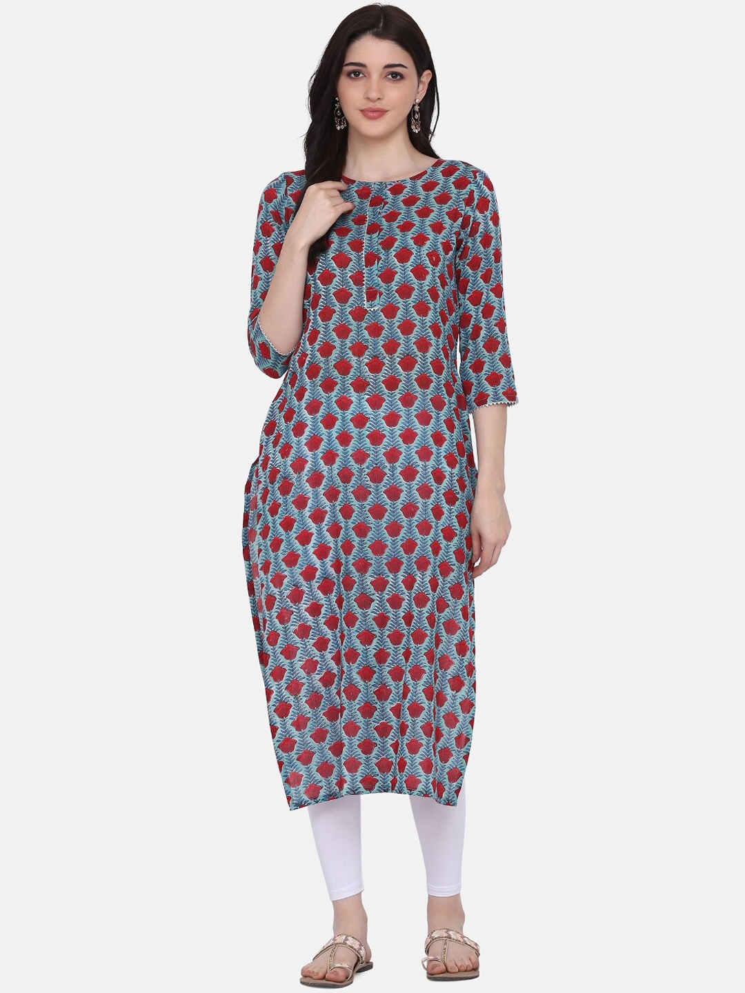 

Saanjh Women Sea Green & Red Floral Printed Kurta