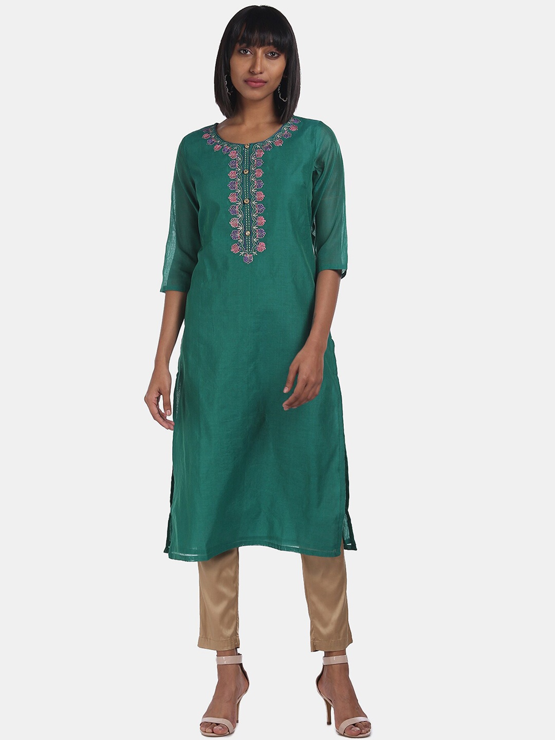 

Karigari Women Green Embroidered Thread Work Kurta