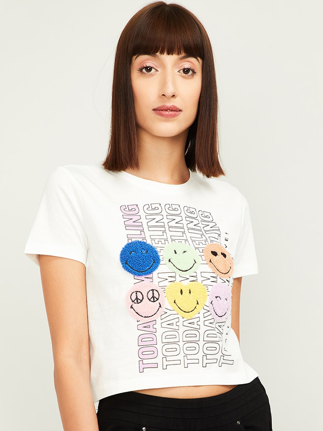 

SmileyWorld Women Off-White Printed Round Neck T-shirt