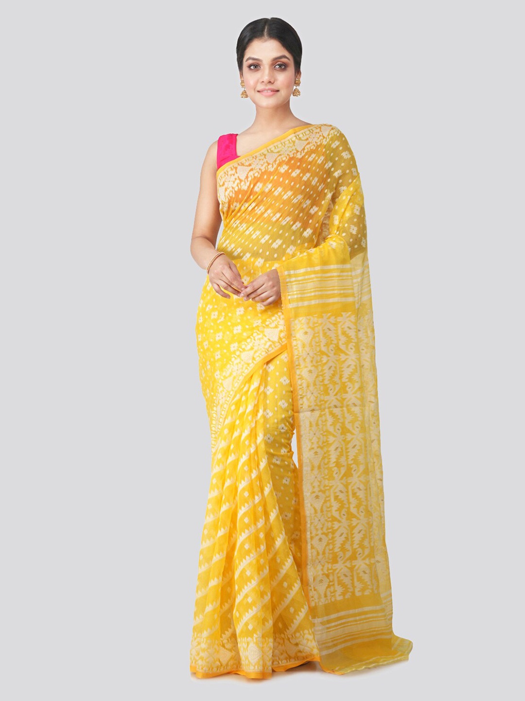 

PinkLoom Yellow Pure Cotton Woven Design Jamdani Sustainable Saree