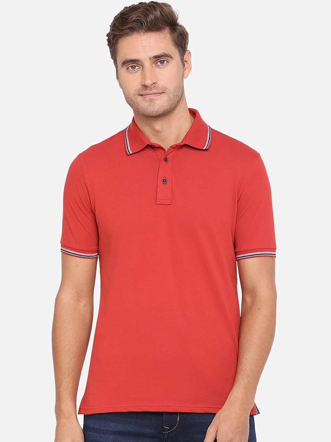 

JADE BLUE Men Red Solid Polo Collar Cotton Pure Cotton T-shirt
