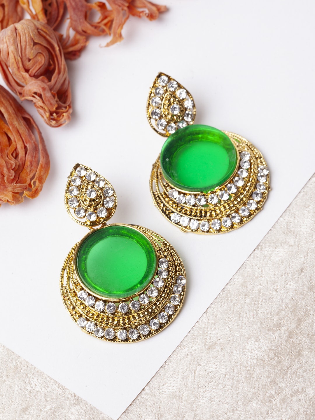 

ANIKAS CREATION Gold-Plated & Green Contemporary Jhumkas