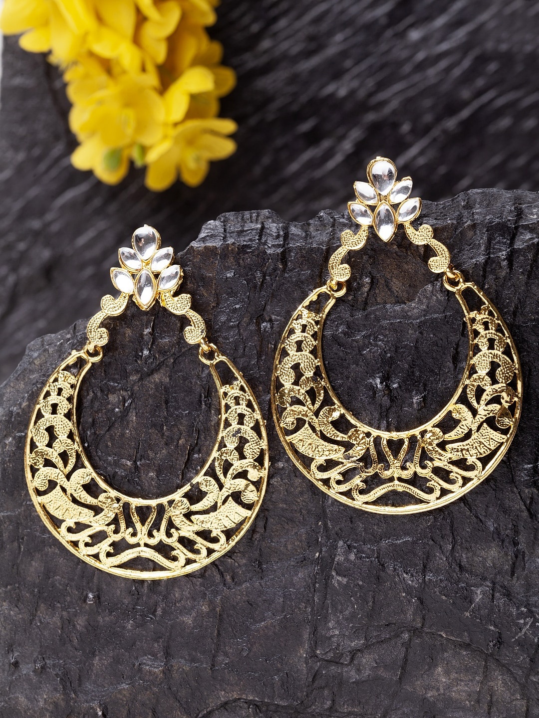 

ANIKAS CREATION Gold-Toned Crescent Shaped Drop Earrings
