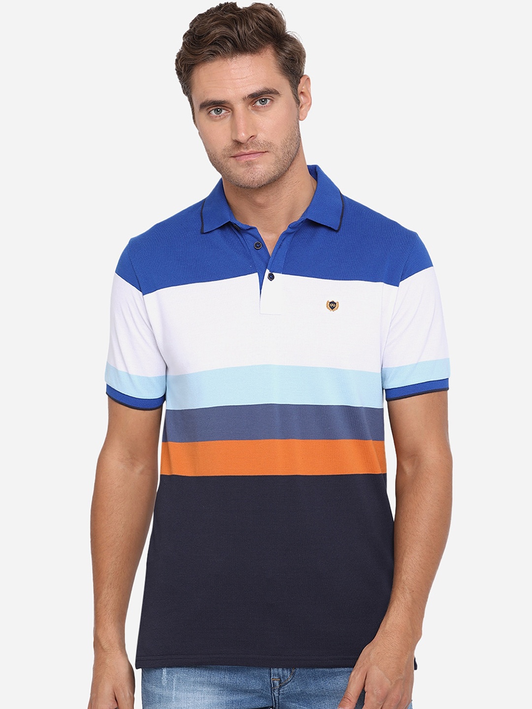 

JADE BLUE Men Blue White Colourblocked Slim Fit Polo Collar Cotton Pure Cotton T-shirt