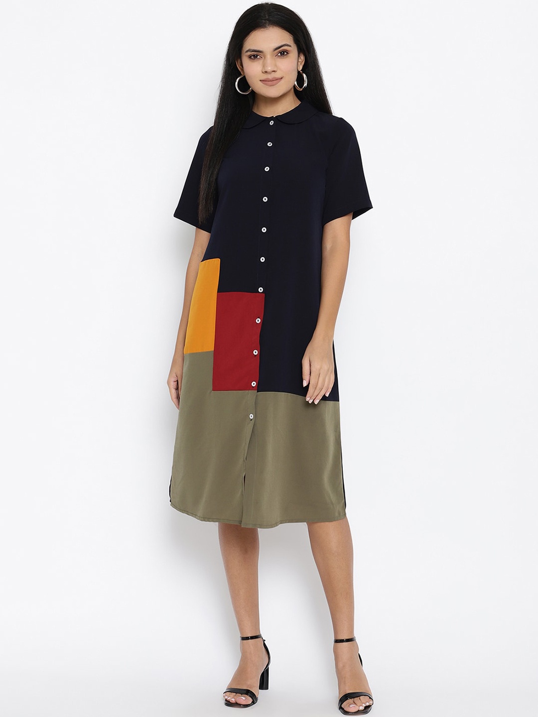 

THREAD MUSTER Women Navy Blue Colourblocked Shirt Dress