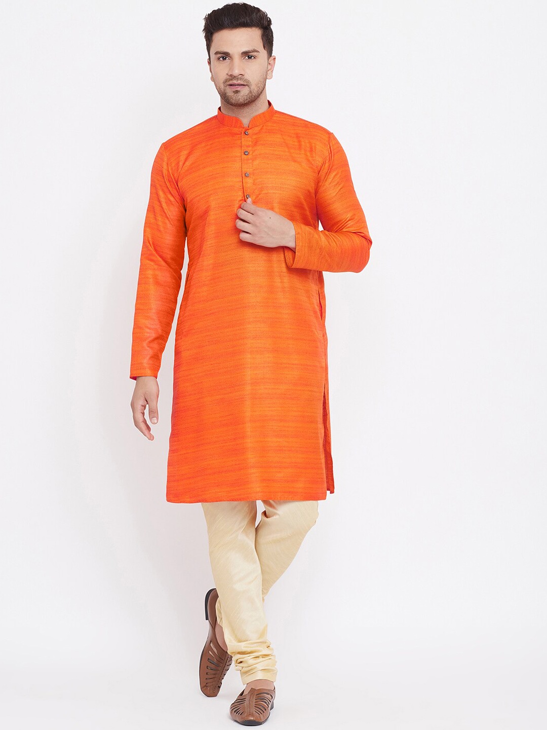 

VASTRAMAY Men Orange And Gold Silk Blend Kurta Pyjama Set