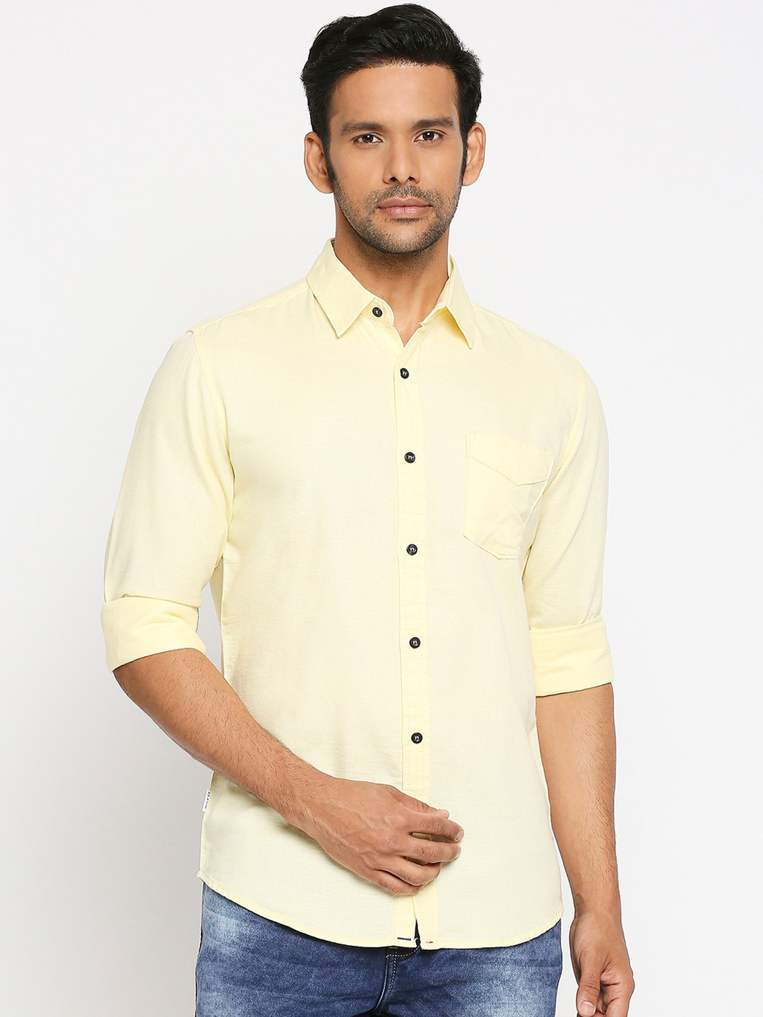 

Mufti Men Yellow Slim Fit Self Design Casual Shirt