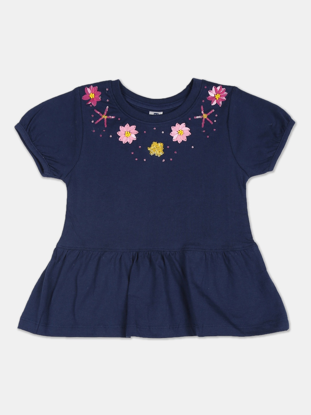 

Cherokee Navy Blue & Pink Embellished Puff Sleeves Peplum Top