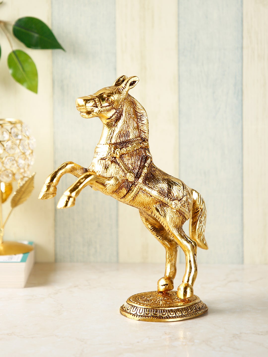 

CraftVatika Gold-Toned Standing Horse Statue Metal Showpiece