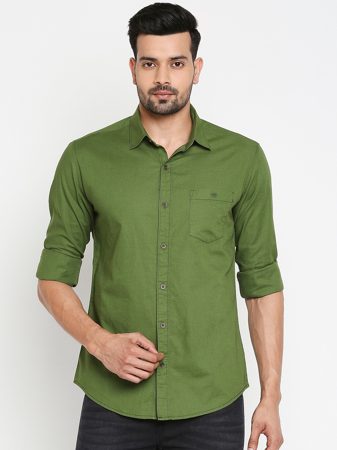 

Mufti Men Olive Green Slim Fit Solid Casual Shirt