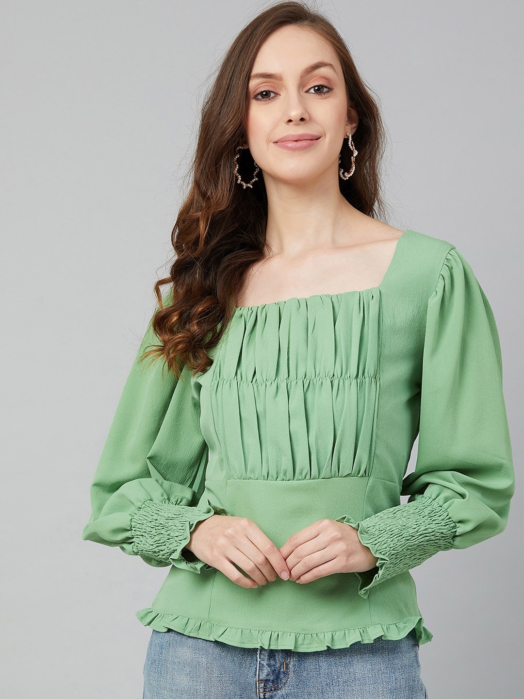 

Carlton London Green Bishop Sleeves Crepe A-Line Top