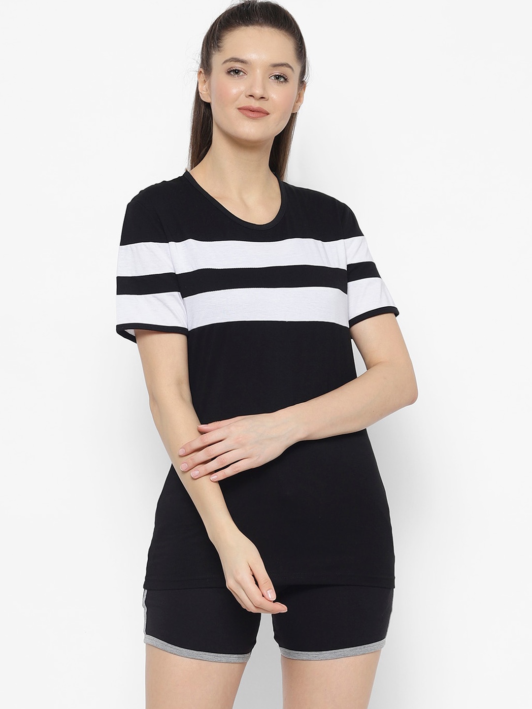 VIMAL JONNEY Women Black & White Striped Night Suit