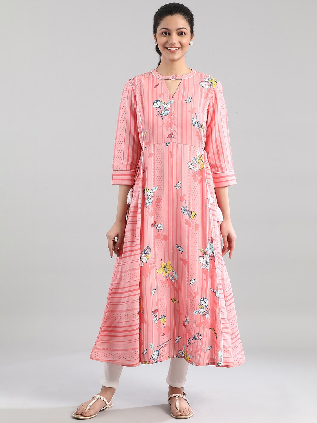 AURELIA Women Pink Striped Flared Sleeves Kurta