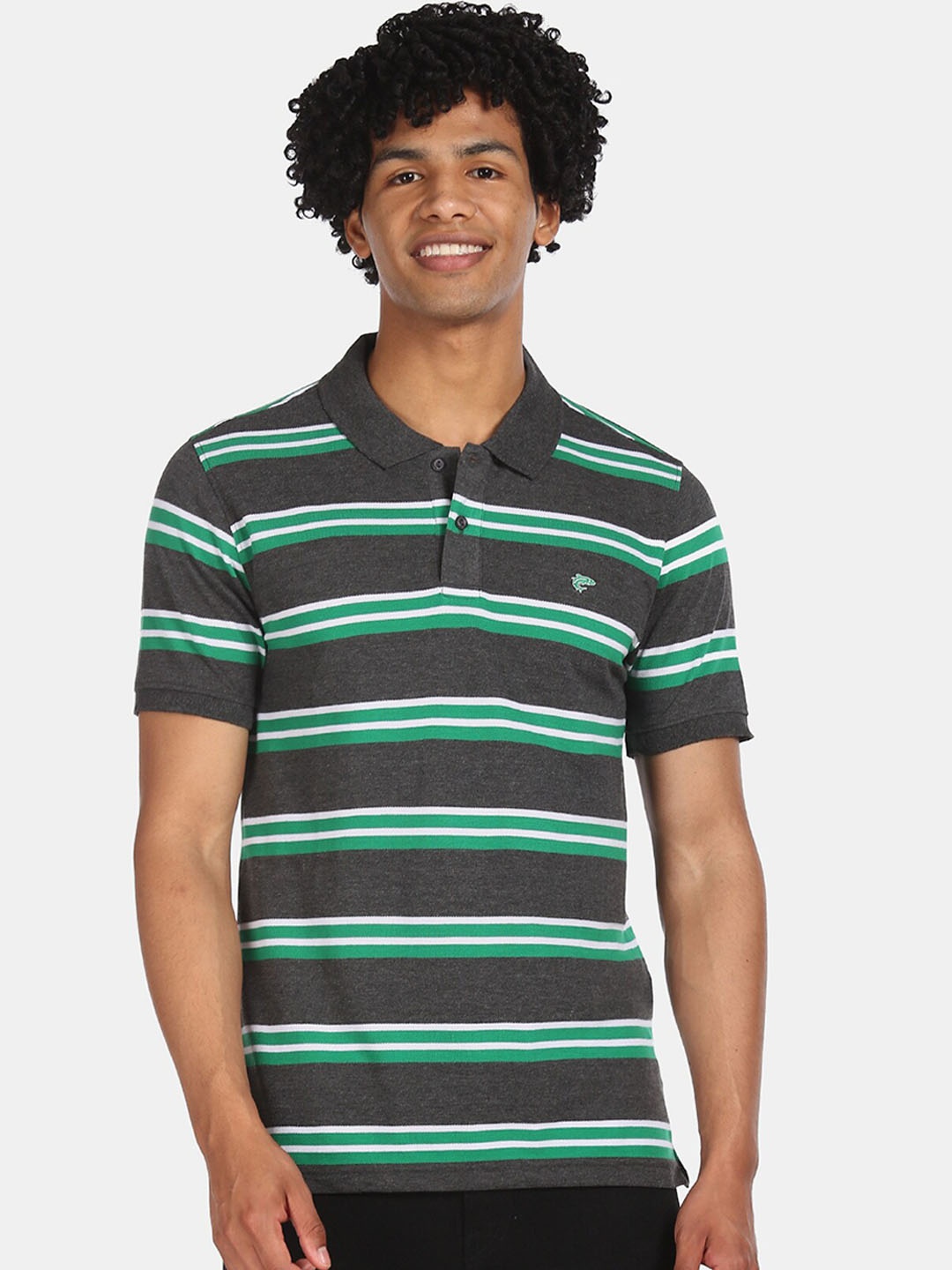 

Ruggers Men Grey & Green Striped Polo Collar T-shirt
