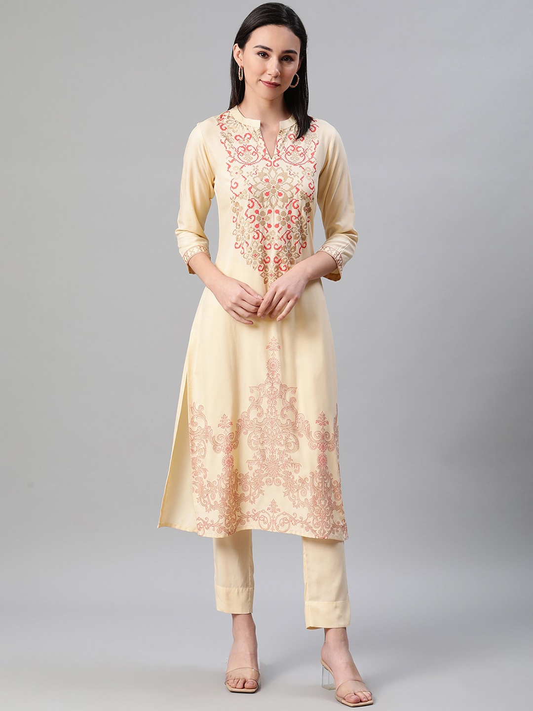 

ZIYAA Women Cream-Coloured Printed Kurta with Trousers