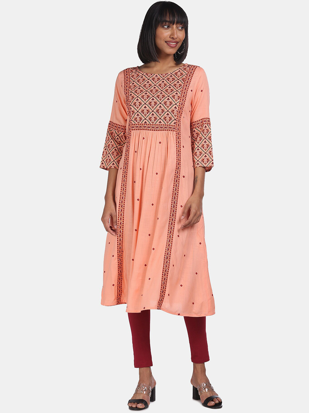 

Karigari Women Peach-Coloured Printed Thread Work Kurta