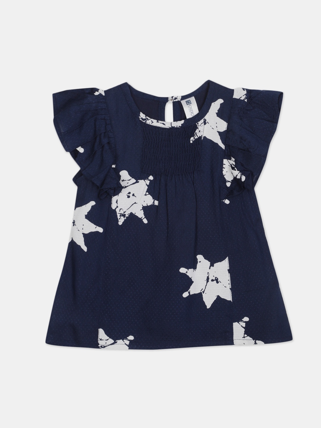 

Cherokee Girls Navy Blue Printed Flutter Sleeves Smocked A-Line Top
