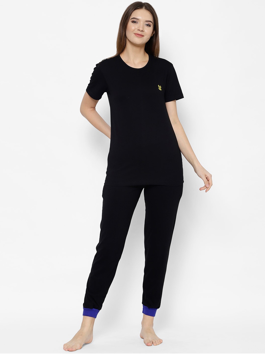

VIMAL JONNEY Women Black & Blue Solid Night suit