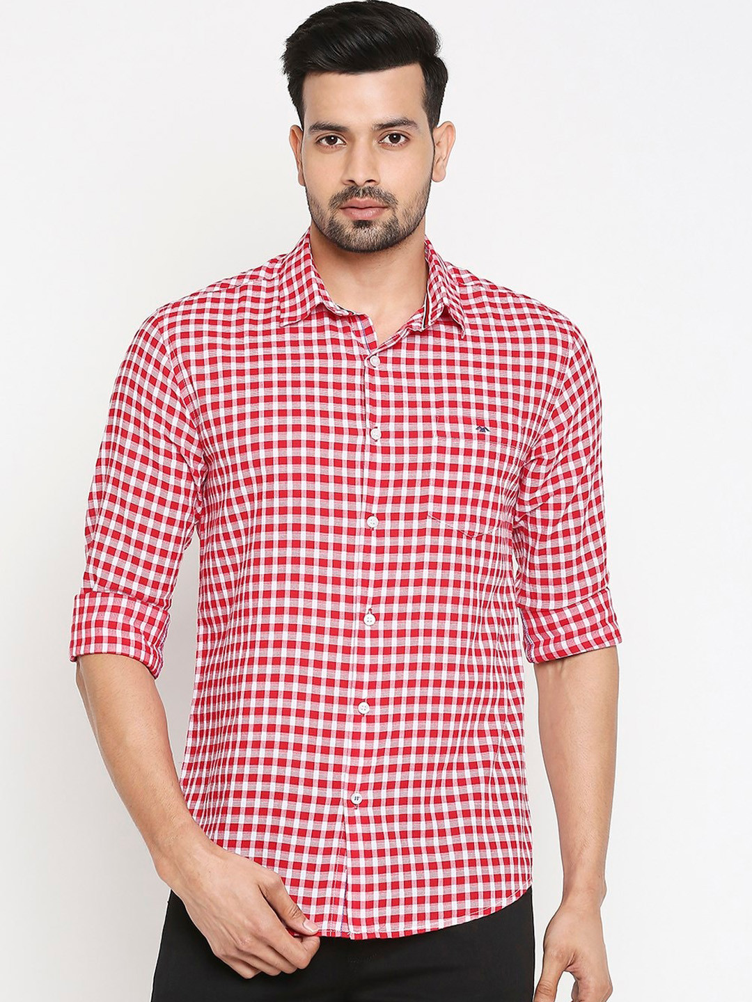 

Mufti Men Red & White Slim Fit Checked Cotton Casual Shirt